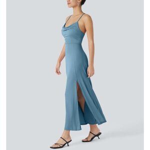 Halara Ribbed Cowl Neck Backless Crisscross Lace Up Split Midi Party Dress Sz Sm